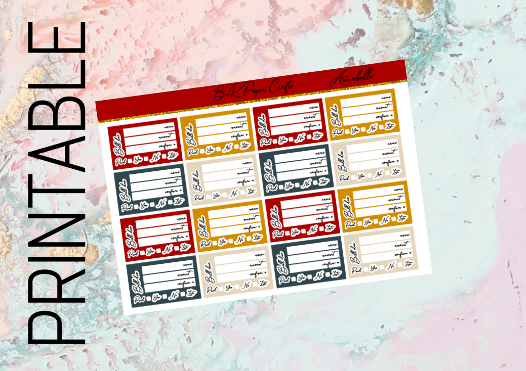 PRINTABLE Annabelle Bill due add ons | Standard Vertical Planner Stickers