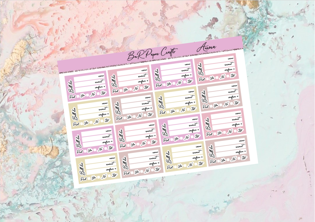 Aurora bill due add on sheet | Standard Vertical Planner Stickers