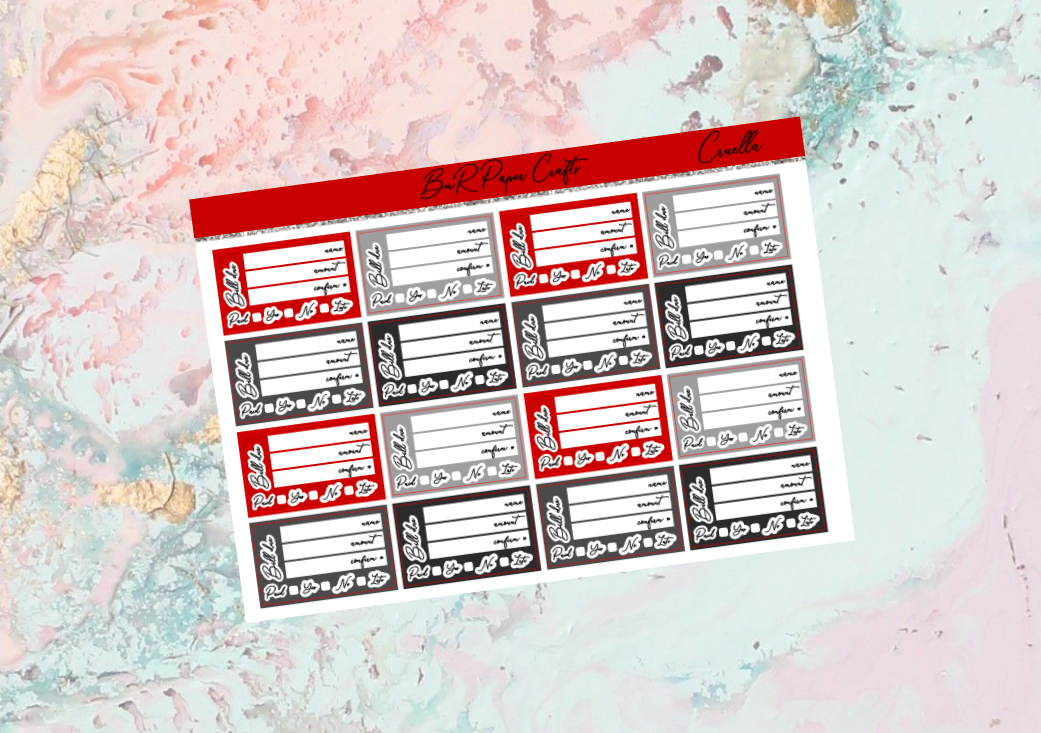 Cruella bill due add on sheet | Standard Vertical Planner Stickers
